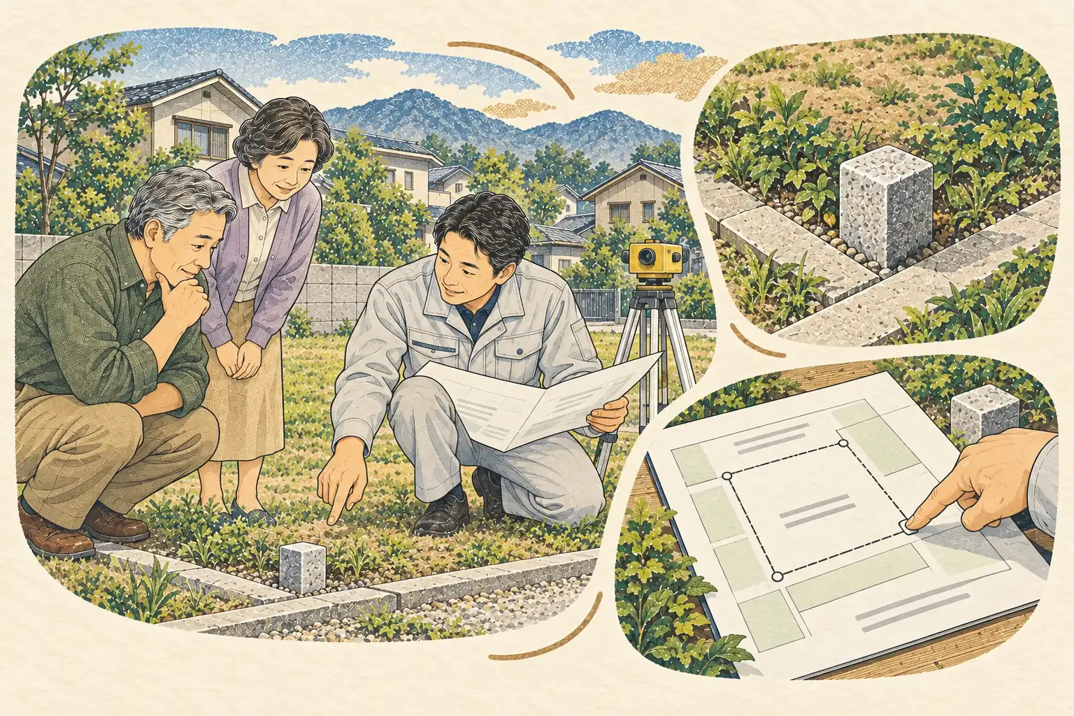 境界の杭のある土地で、図面を見ながら境目を確かめる家族と専門家
