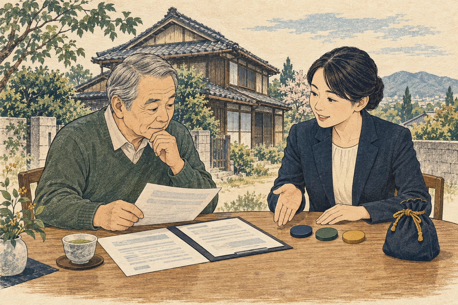 低価格の空き家を前に、仲介手数料の契約書と計算内容を確認する売主