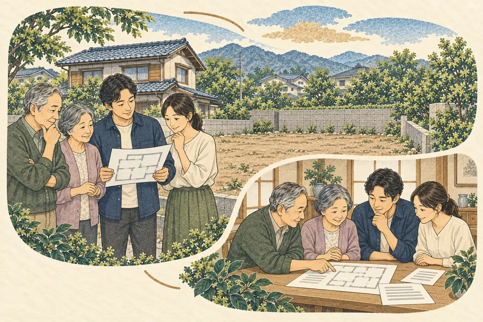 実家の隣の空いた土地で間取り図を広げ、親と家を建てる話をする家族
