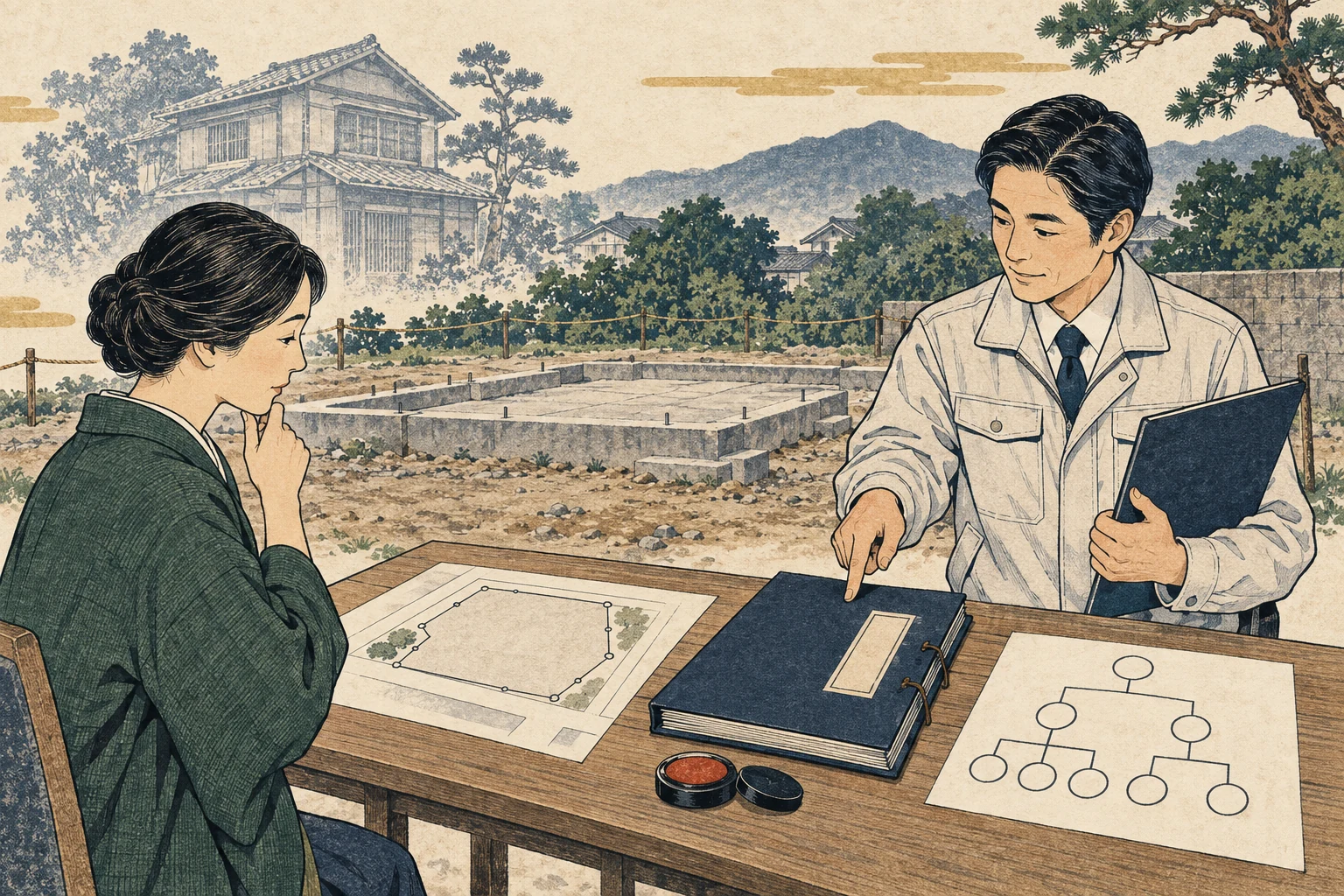 建物解体前の家屋と解体後の更地、登記書類を順に確認する所有者
