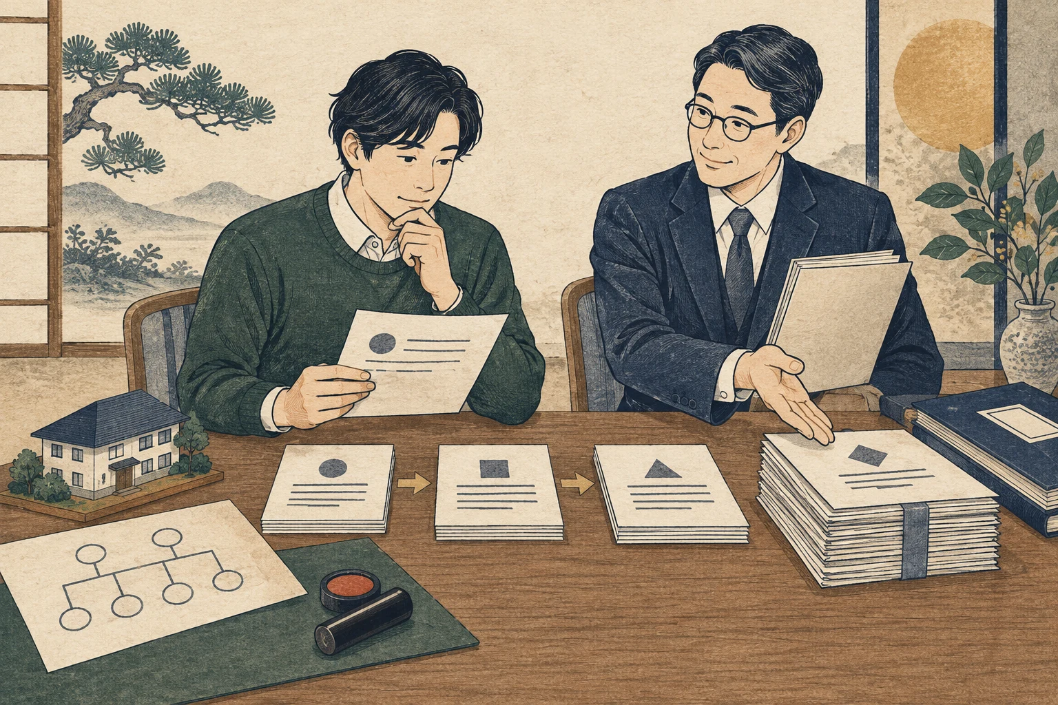相続関係と不動産の書類を机に広げ、自分で相続登記を進める人
