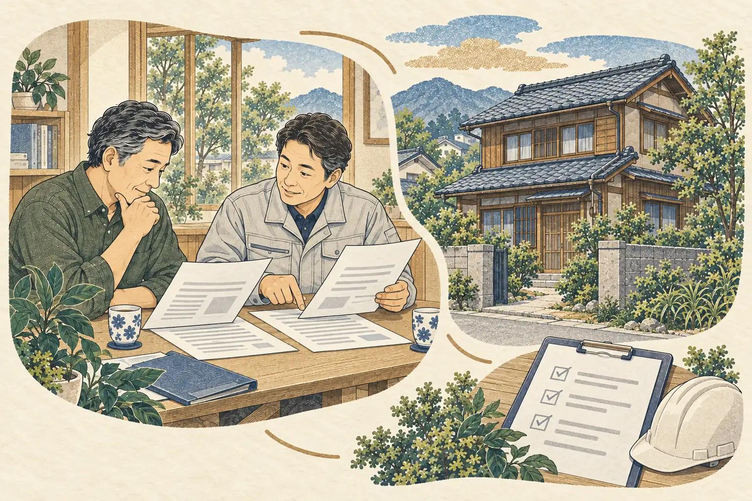 古い家の解体に向けて、業者と見積書や確認事項を確かめる家主