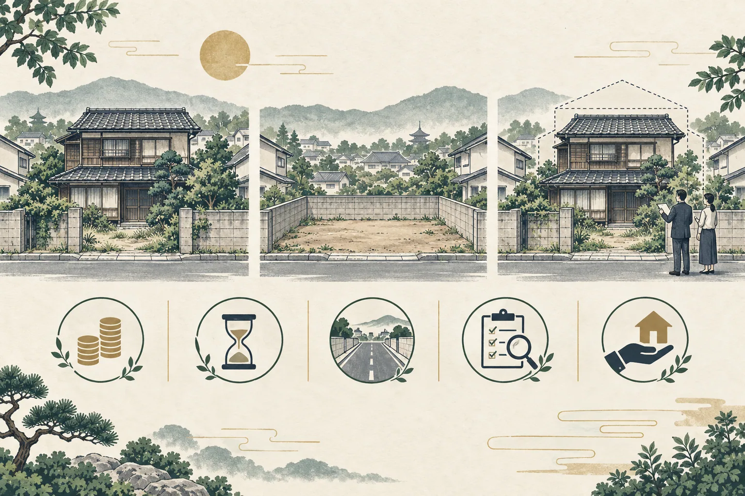 同じ土地を古家付き、更地、契約後解体の三案で見比べるイラスト
