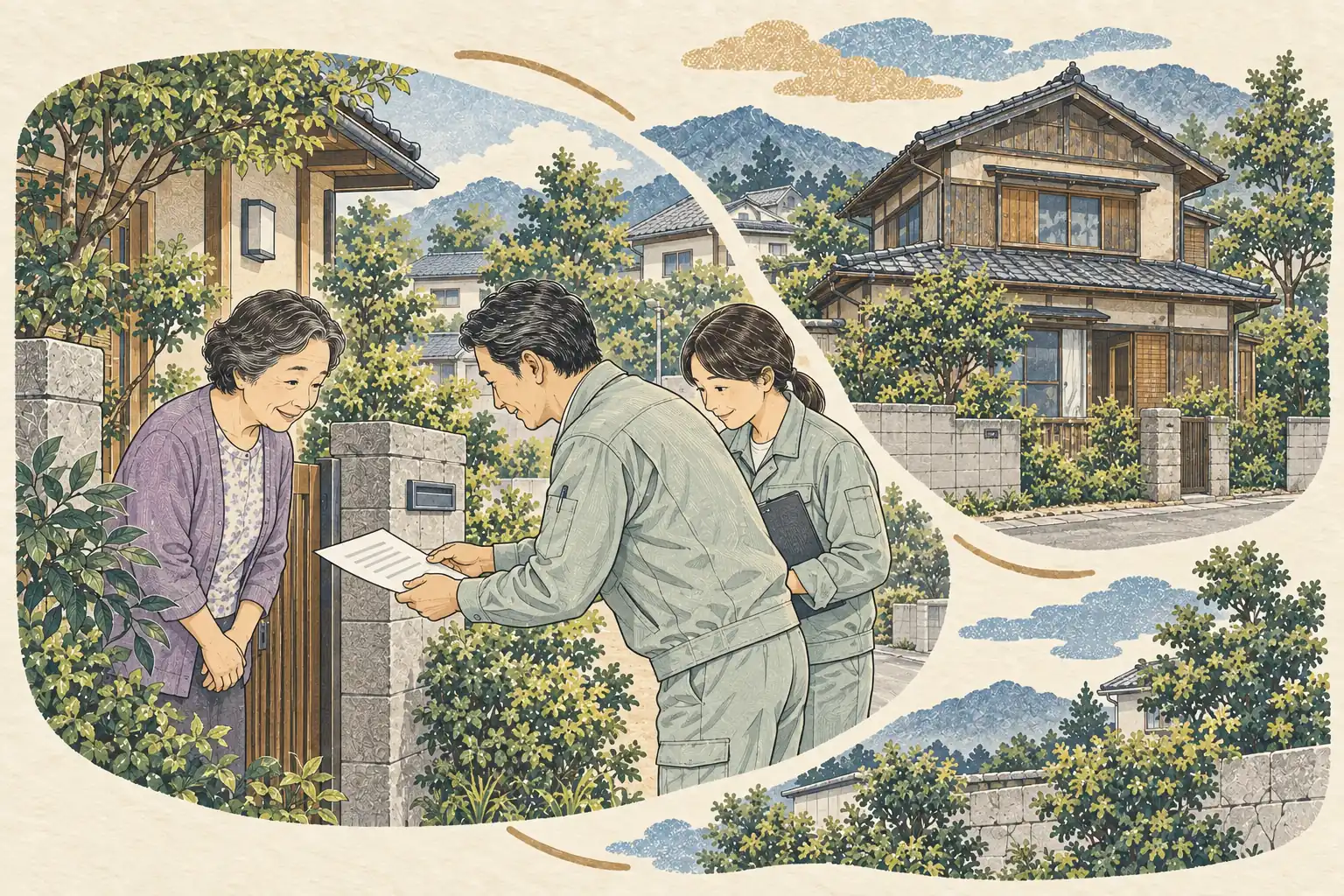 解体工事を始める前に、案内の紙を渡して近隣へ挨拶する人たち