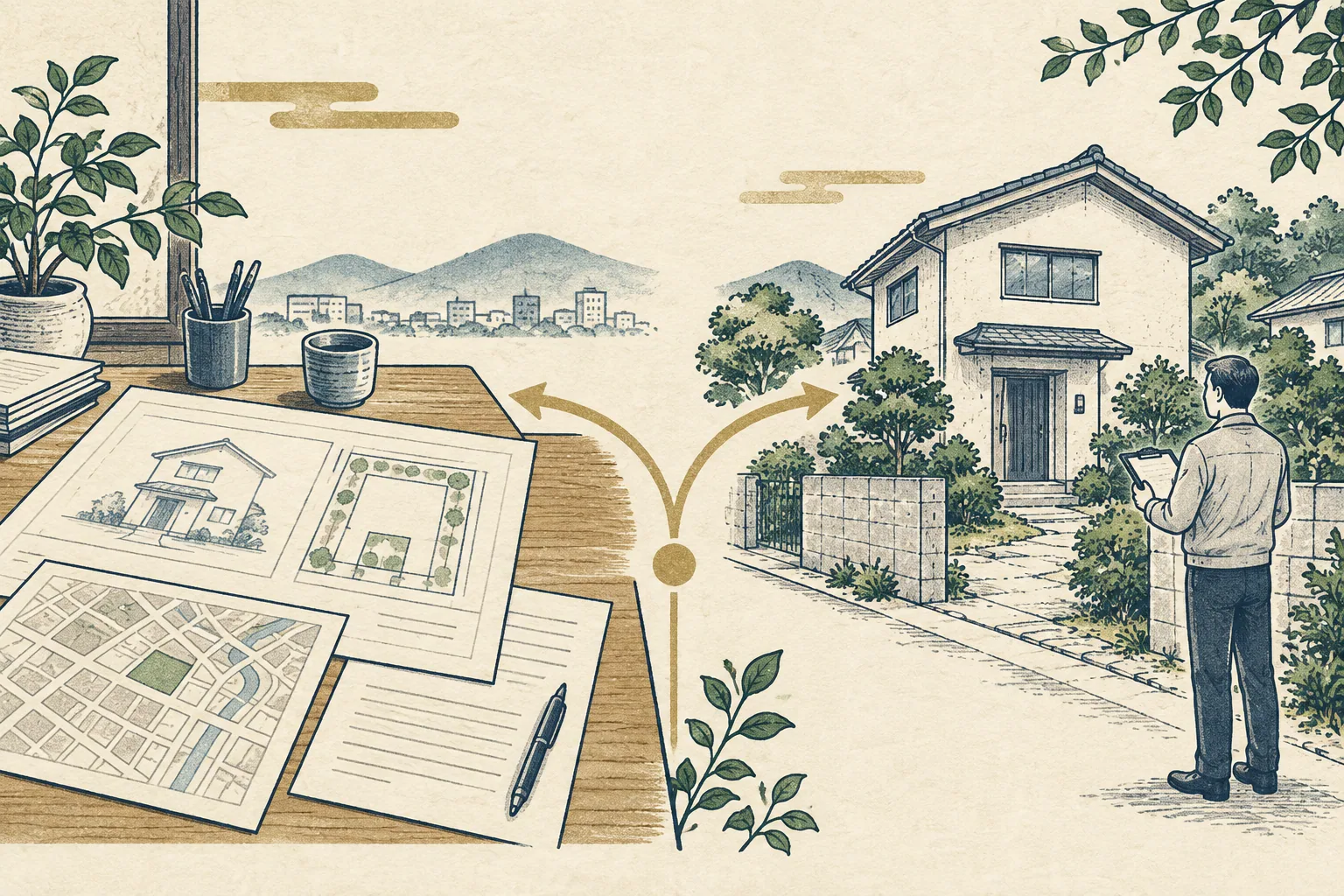 机上の物件資料と、現地で家を確認する担当者が二方向に分かれて描かれたイラスト