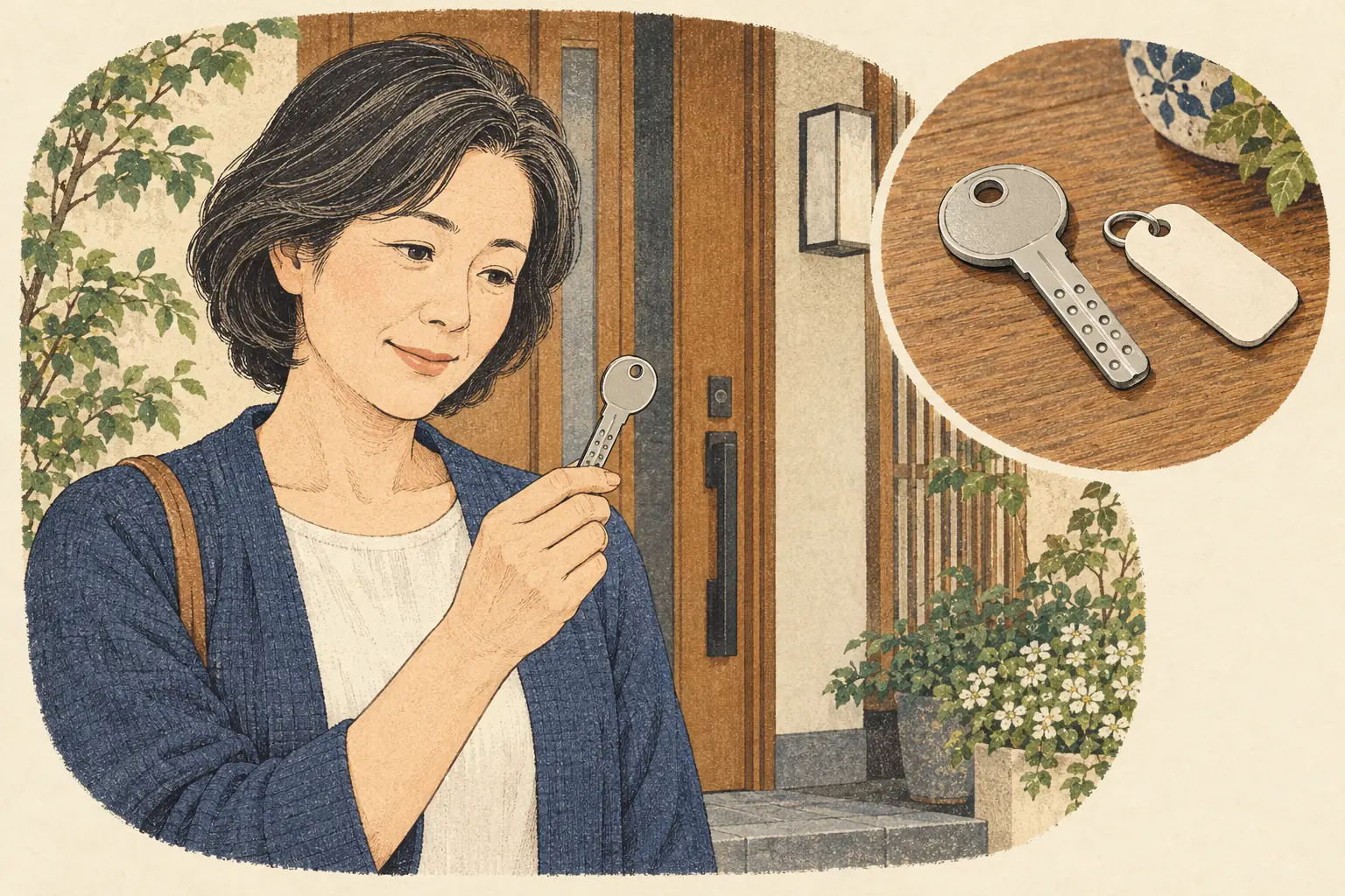 玄関でくぼみのある鍵を手に取って見る女性と、机に並べた鍵と番号札