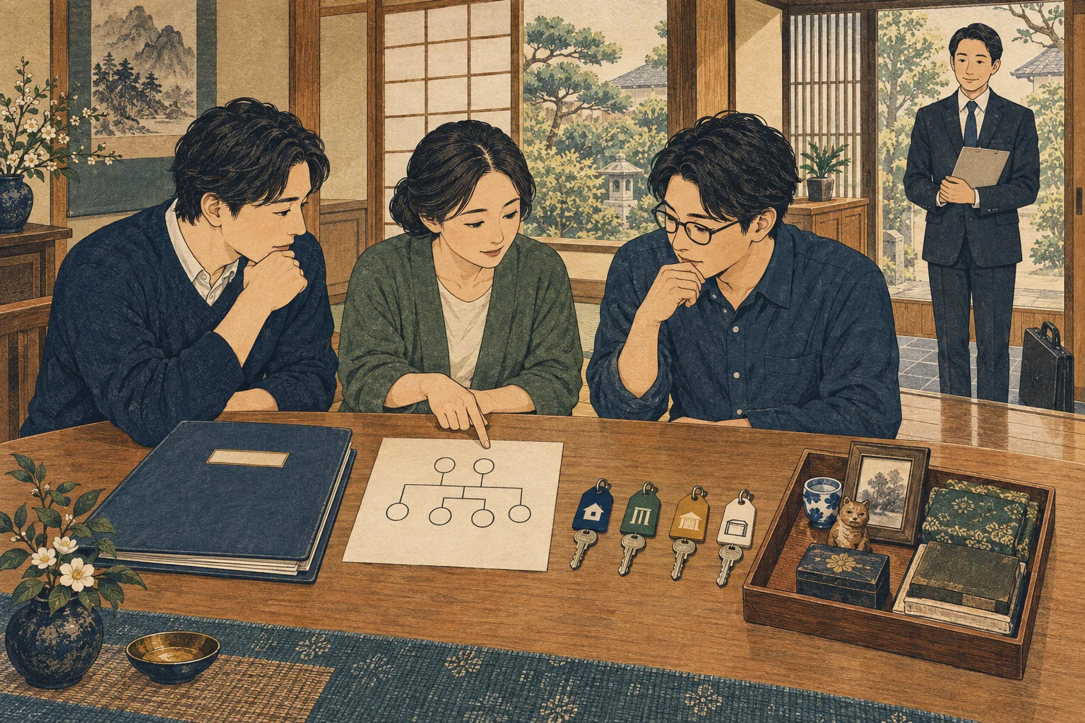 実家の名義、鍵、家財、物件情報、査定条件を家族で整理する様子