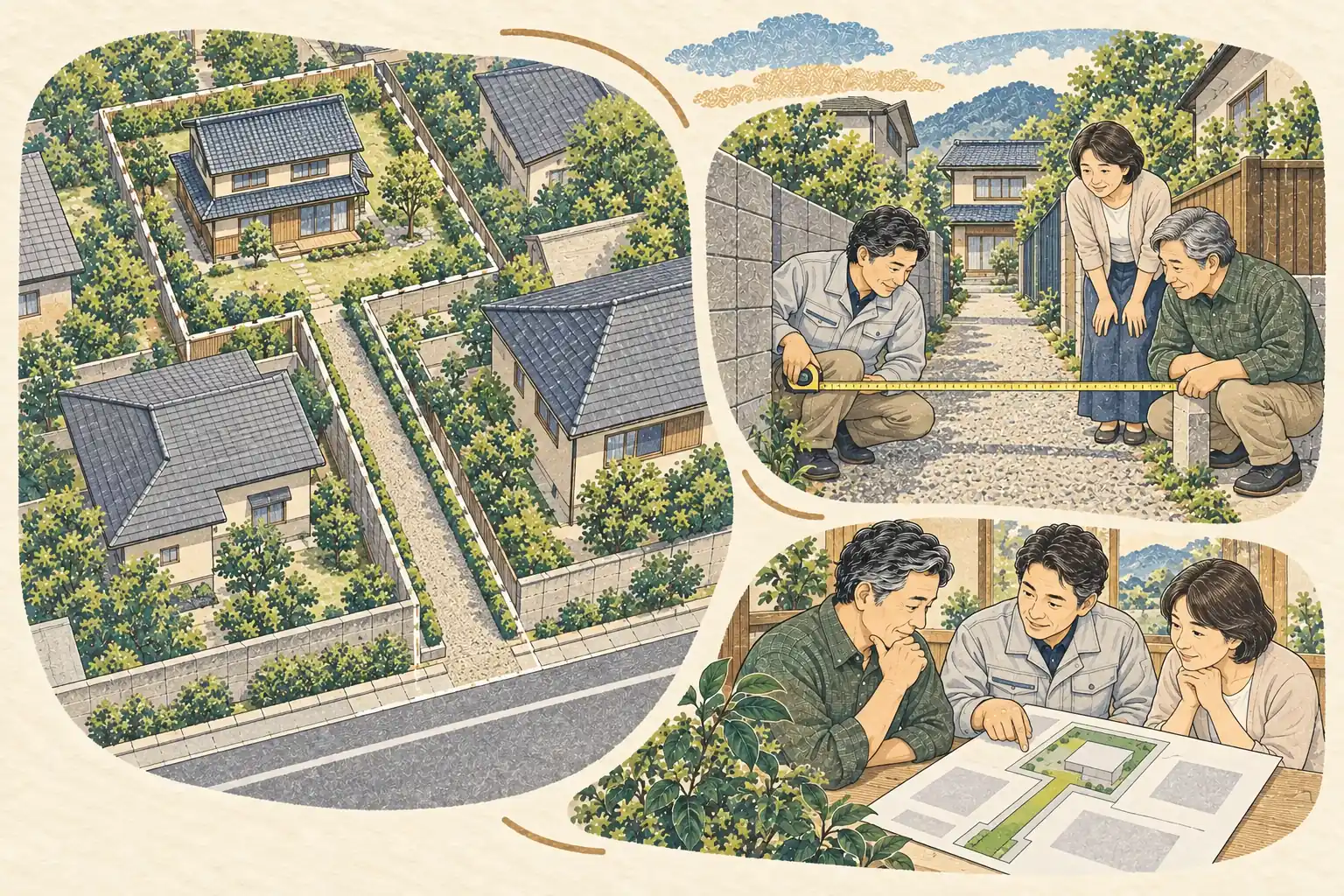 細い通路の奥に建つ家の敷地と、専門家と一緒に通路の幅を確かめる家族