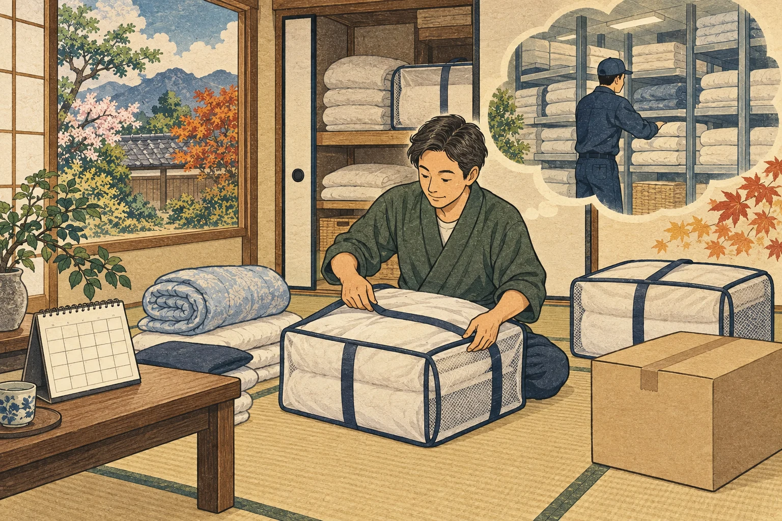 布団を保護袋へ収め、返却時期と保管サービスを確認する人