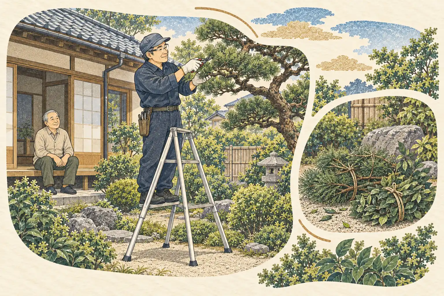 住宅の庭で庭木を剪定する植木屋さんと、縁側から見守る家の人