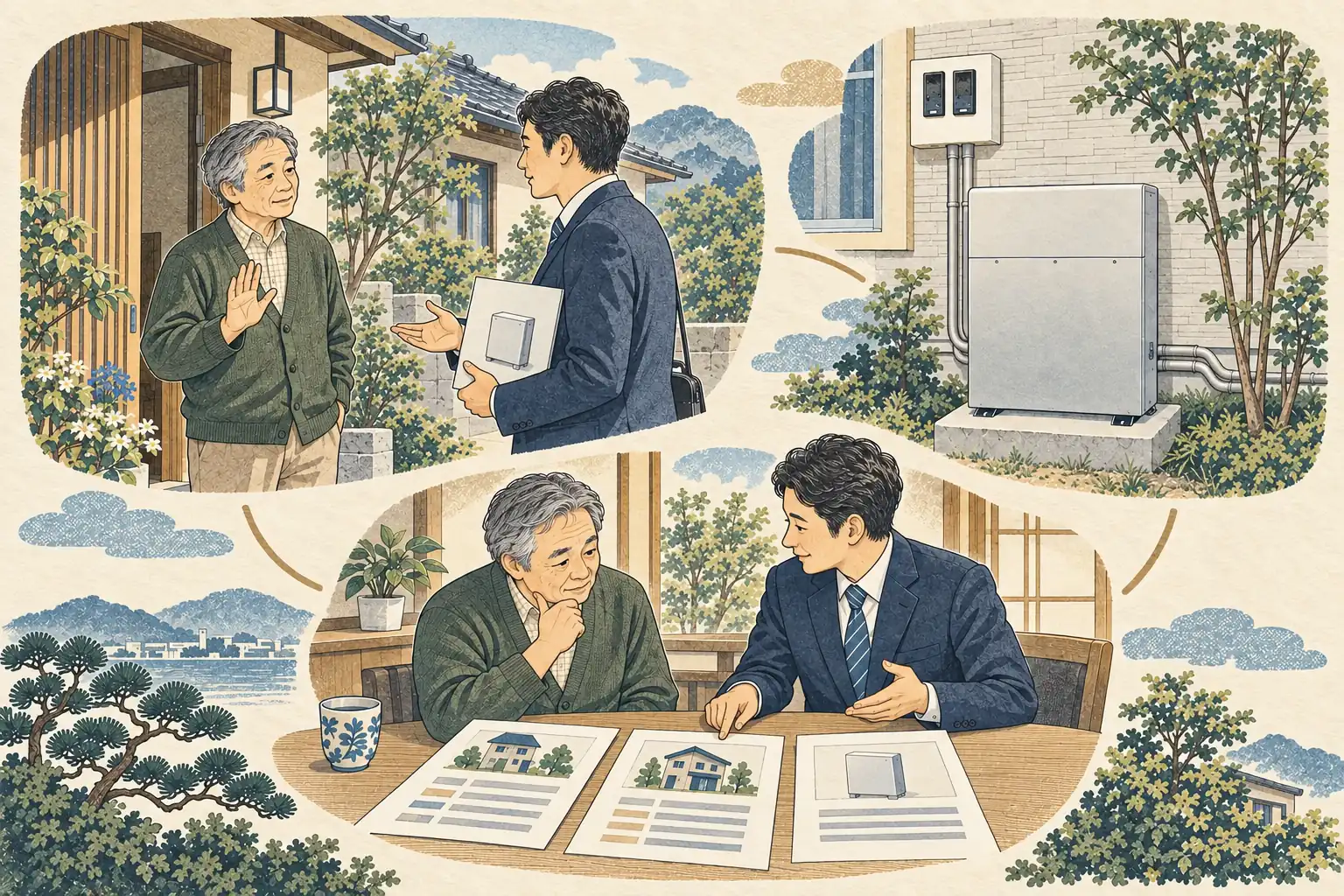 家の玄関で蓄電池の訪問販売を受け、その場で契約せず話を聞く住人