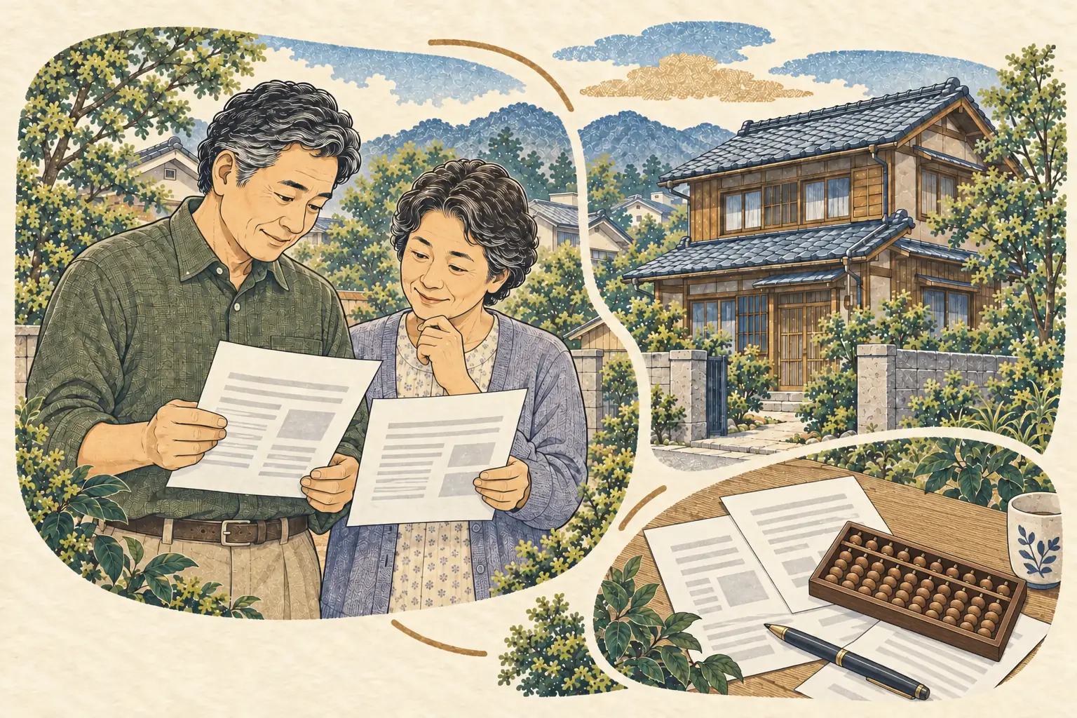 住み慣れた家の前で書類を確かめる夫婦と、机に並べた書類とそろばん。