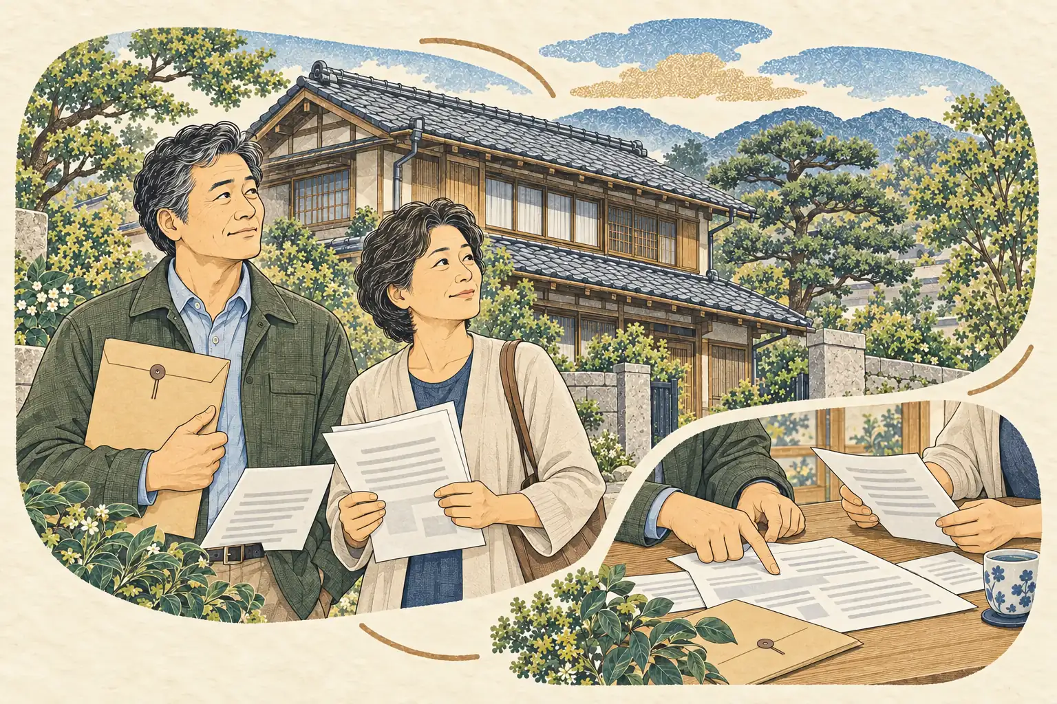 親の名義のままの実家を前に、権利証の封筒や書類を確かめるきょうだい