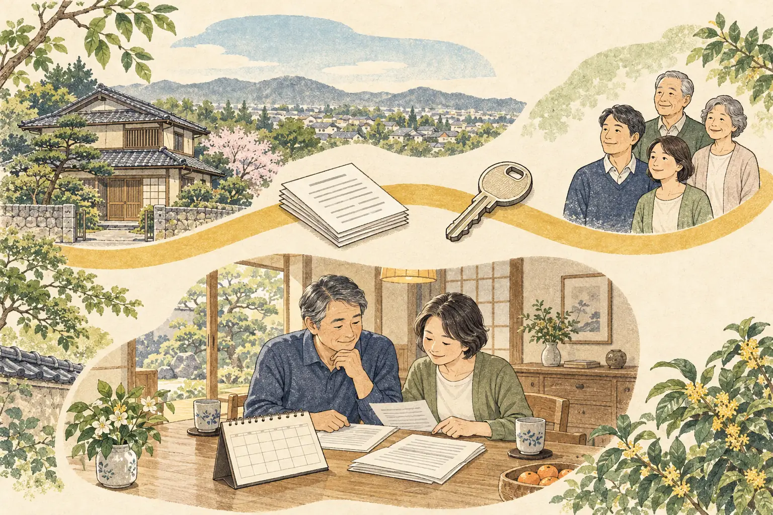 家や書類、鍵、家族の絵が並ぶ年表の帯と、食卓で予定を確かめる夫婦