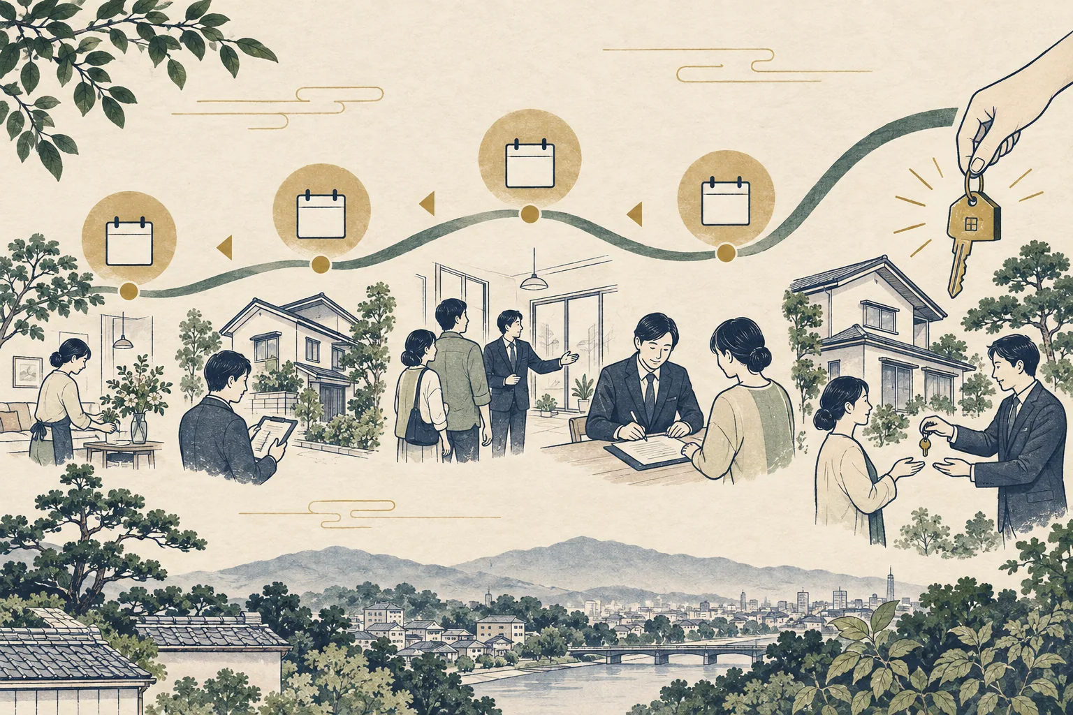 家の準備から査定、内覧、契約、鍵の引渡しまでを逆算する流れを描いたイラスト