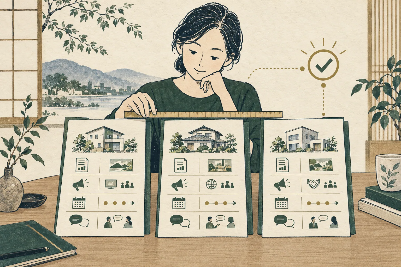 三つの査定資料を同じ物差しで見比べる人を描いたイラスト