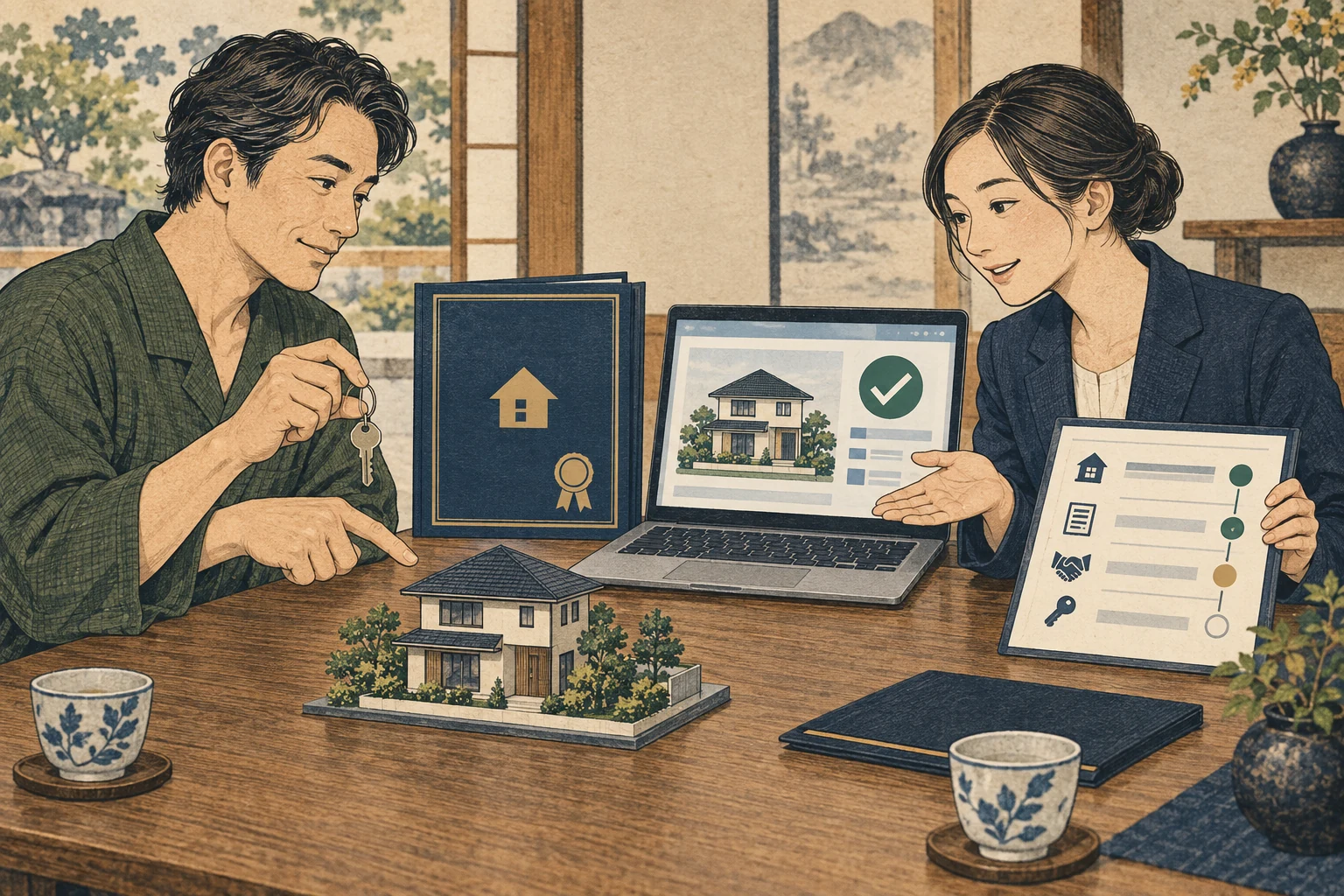 売主がレインズ登録証明書と専用画面で物件情報を確認する様子