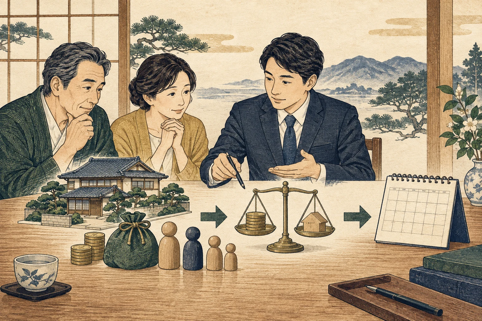 相続人が実家の相続税資料と複数の計算条件を比較する様子