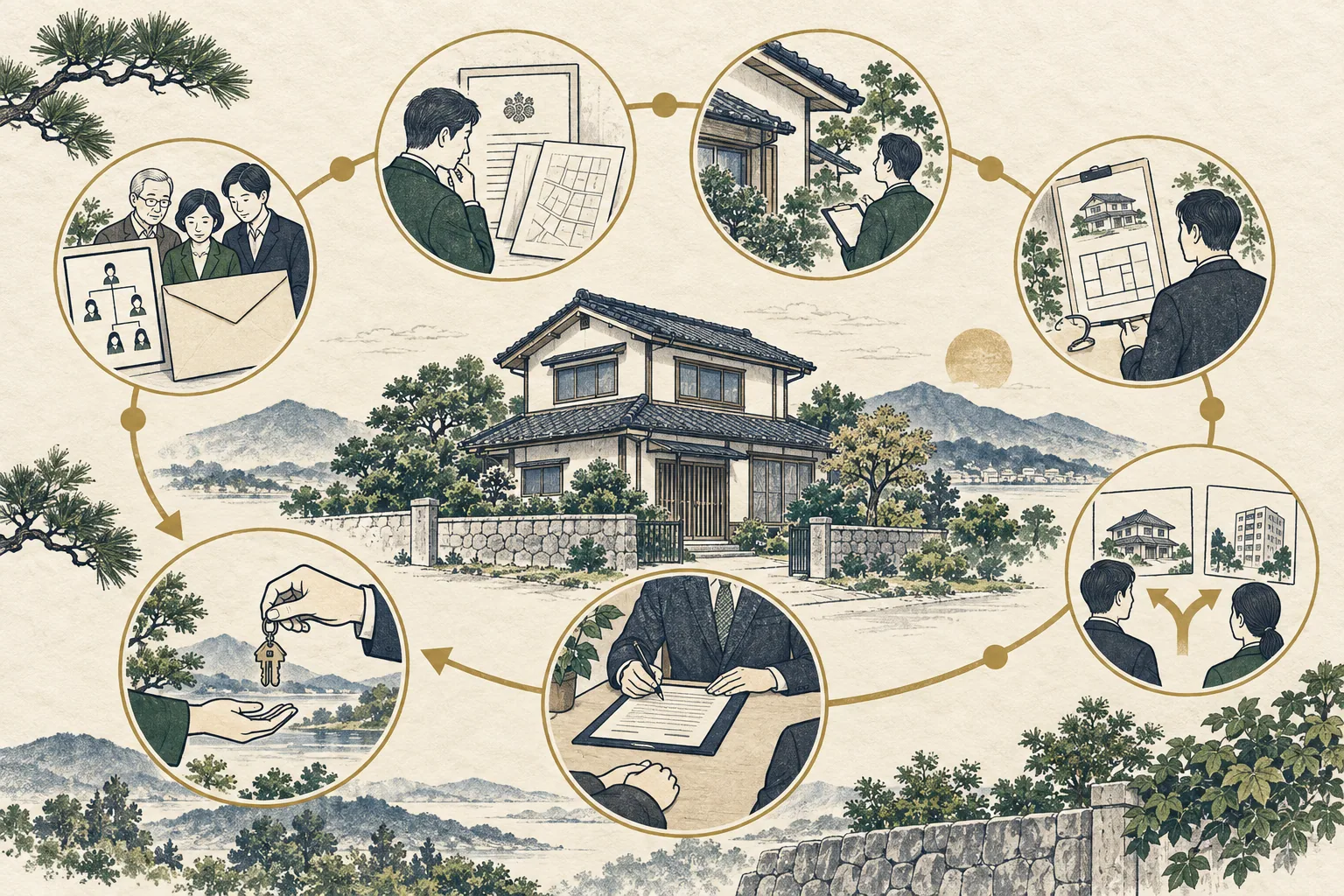 相続関係の確認から家の調査、査定、契約、鍵の引渡しまでを家の周囲に描いたイラスト