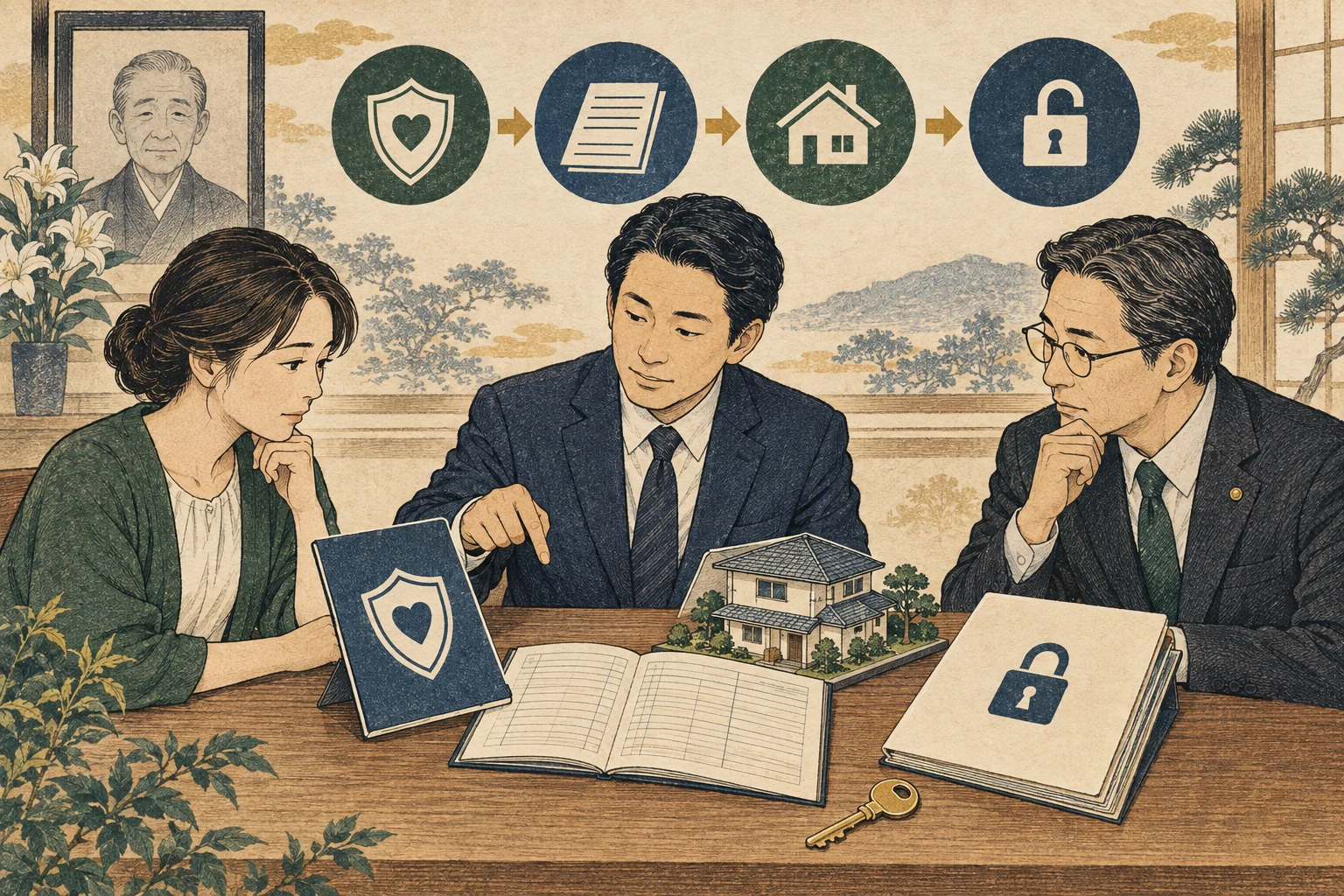 相続人が住宅ローンの団信、残債、抵当権を金融機関と確認する様子