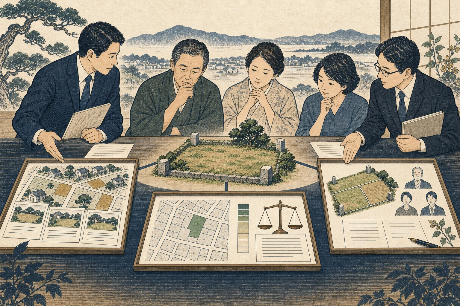 相続人が土地の売却査定、遺産分割の時価、税評価を分けて確認する様子