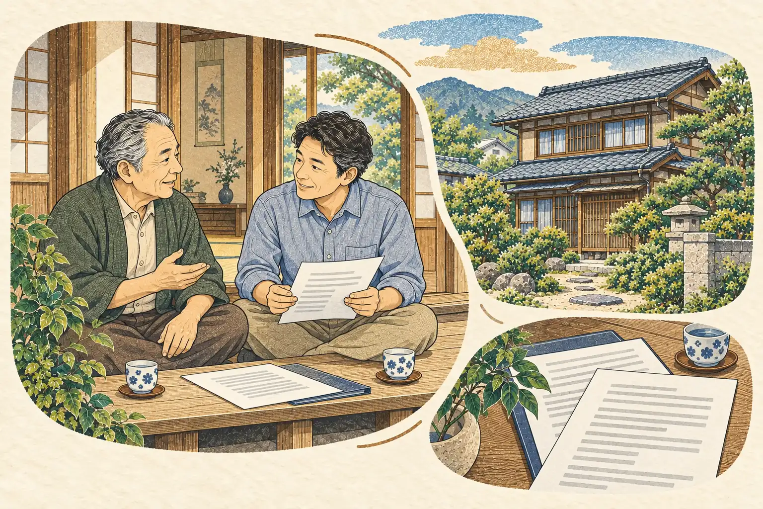 借地の上に建つ実家の縁側で、契約書を手に地主とおだやかに話す息子