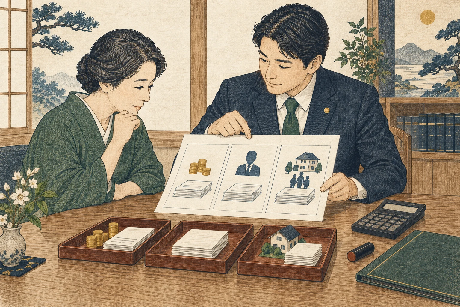 相続人が相続登記の司法書士見積りを報酬・税・実費に分ける様子