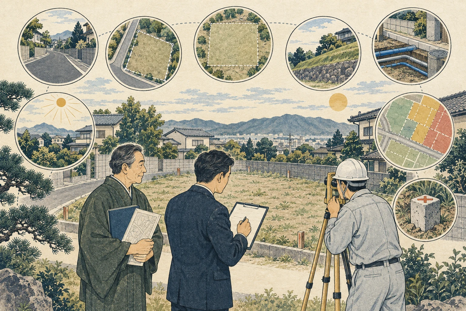土地査定で接道・境界・形状・法規・周辺事例を確認する様子