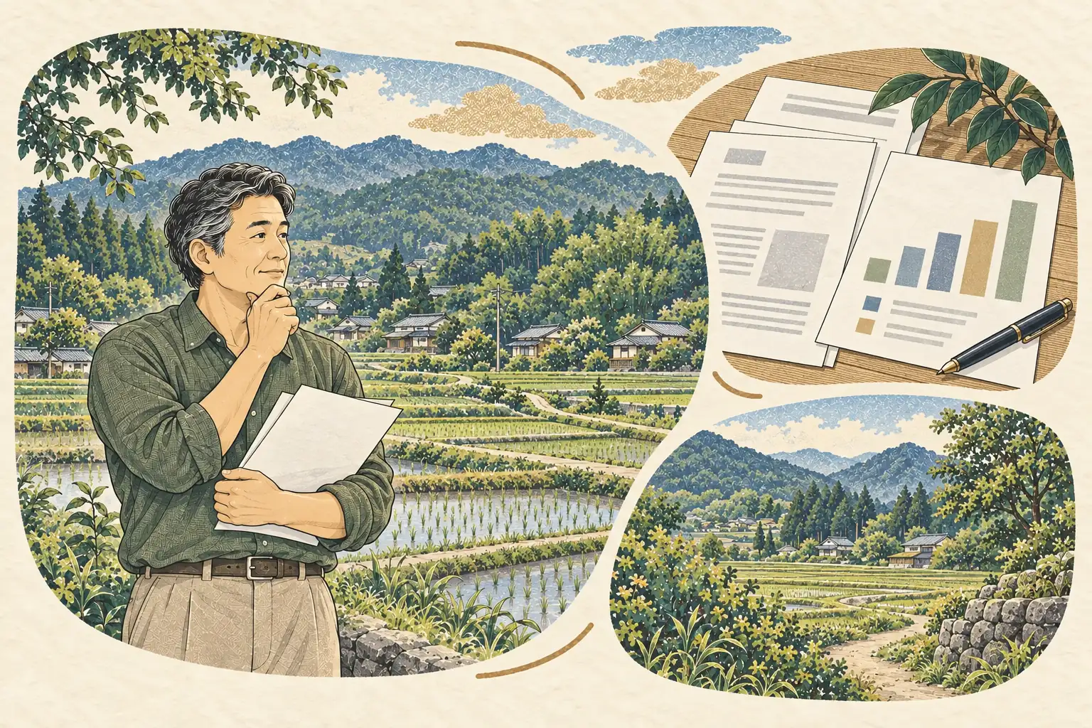 田畑と山林を前に書類を持つ相続人と、統計を表す棒グラフ風のイメージ。