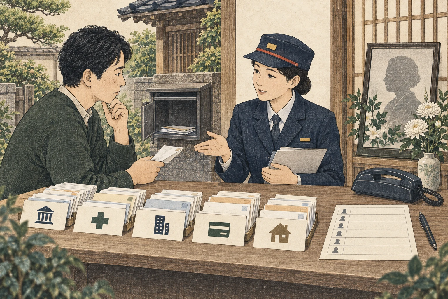 親の死後に実家へ届く郵便物を差出人別に整理して連絡する家族