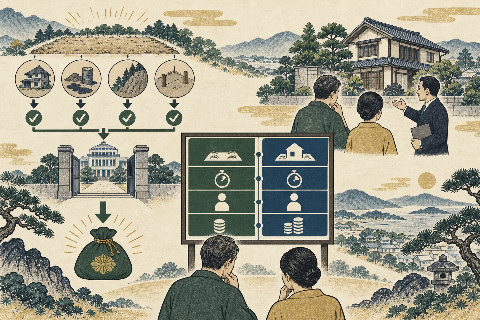 相続人が建物付き土地の売却と相続土地国庫帰属制度を比較する様子