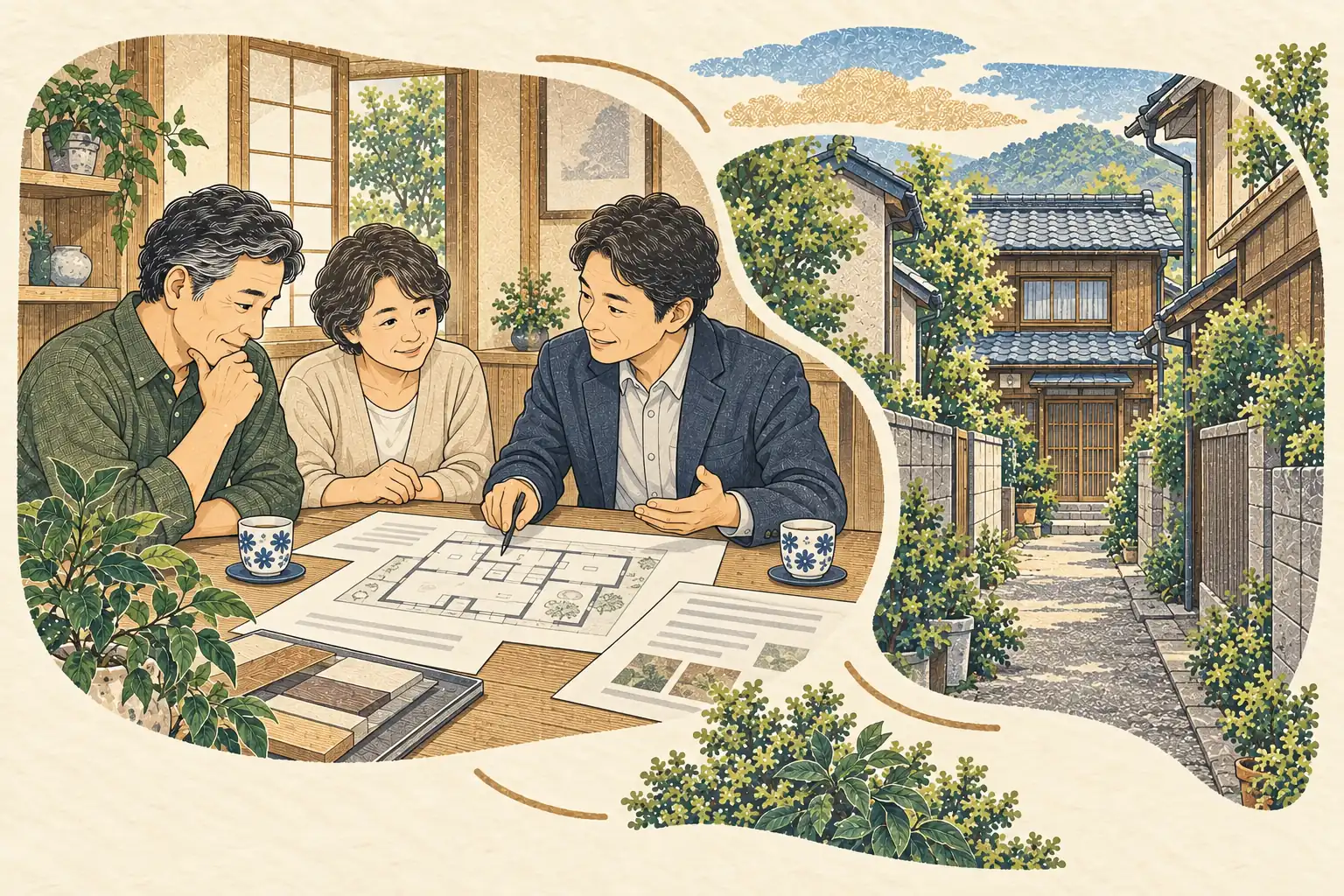路地の奥にある古い家のリフォームを、間取り図を見ながら相談する夫婦