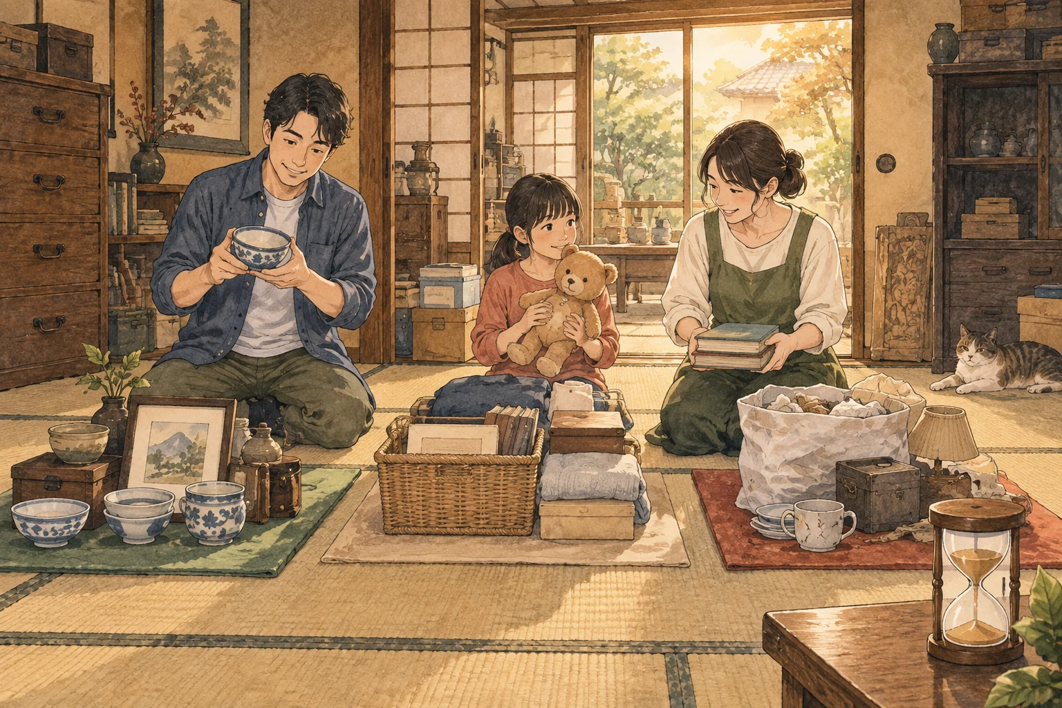 実家の部屋で品物を分けて片付けの負担を減らす家族
