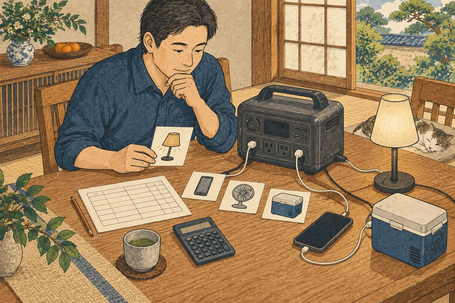 使いたい家電を並べてポータブル電源の必要容量を計算する人