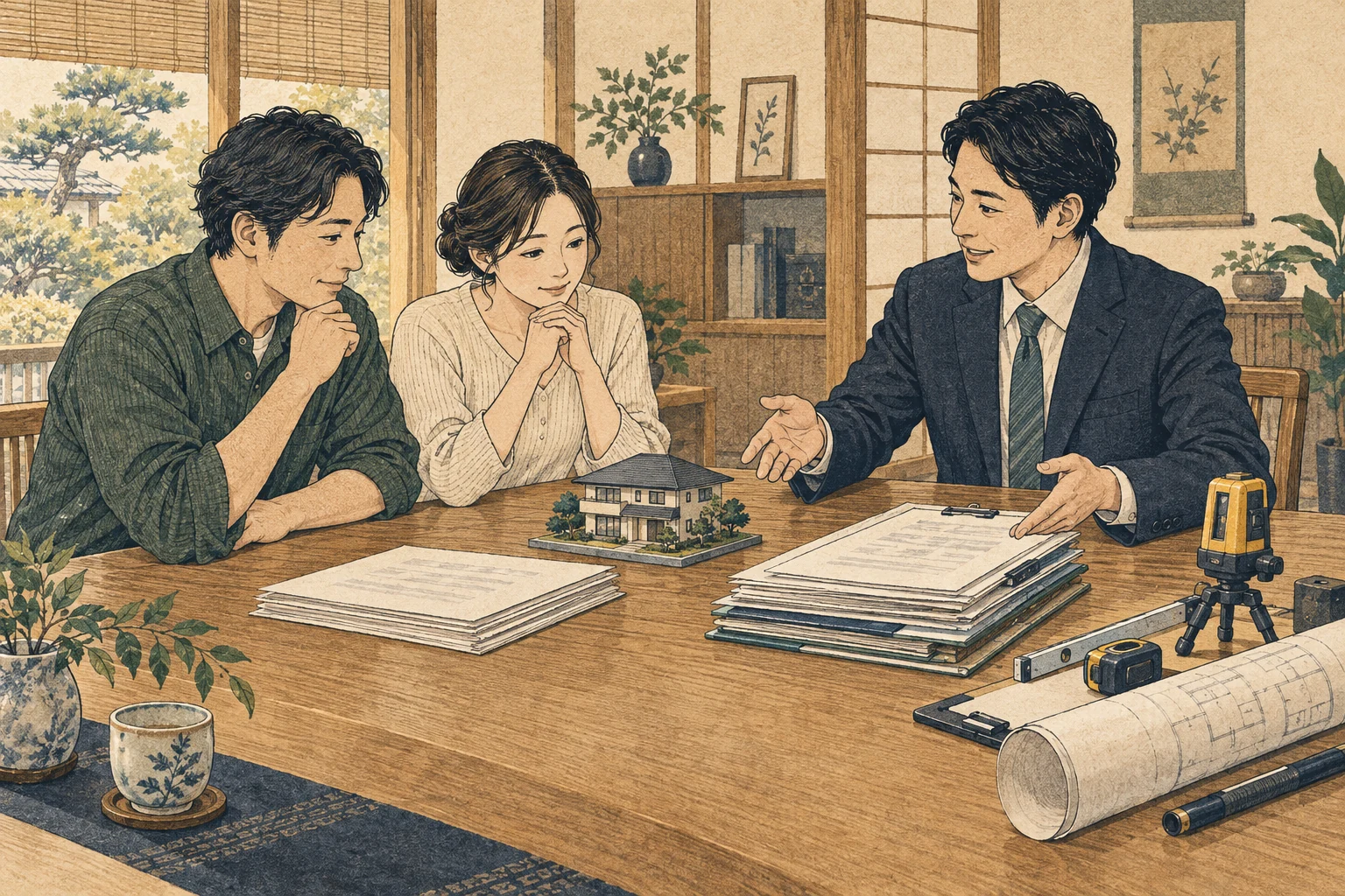 所有者が無料の不動産査定と鑑定・測量・建物調査の違いを専門家と確認する様子