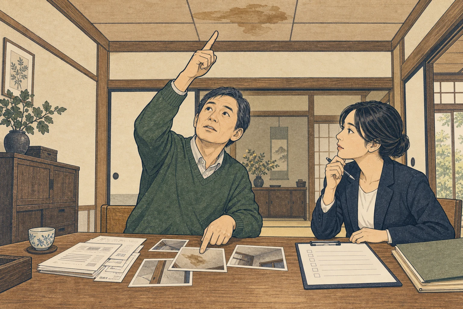 相続した家の雨漏り跡と修繕記録を売主が専門家と照合する様子