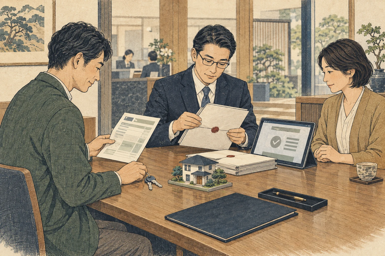 不動産売却の決済日に入金・登記書類・鍵の引渡し順を確認する様子