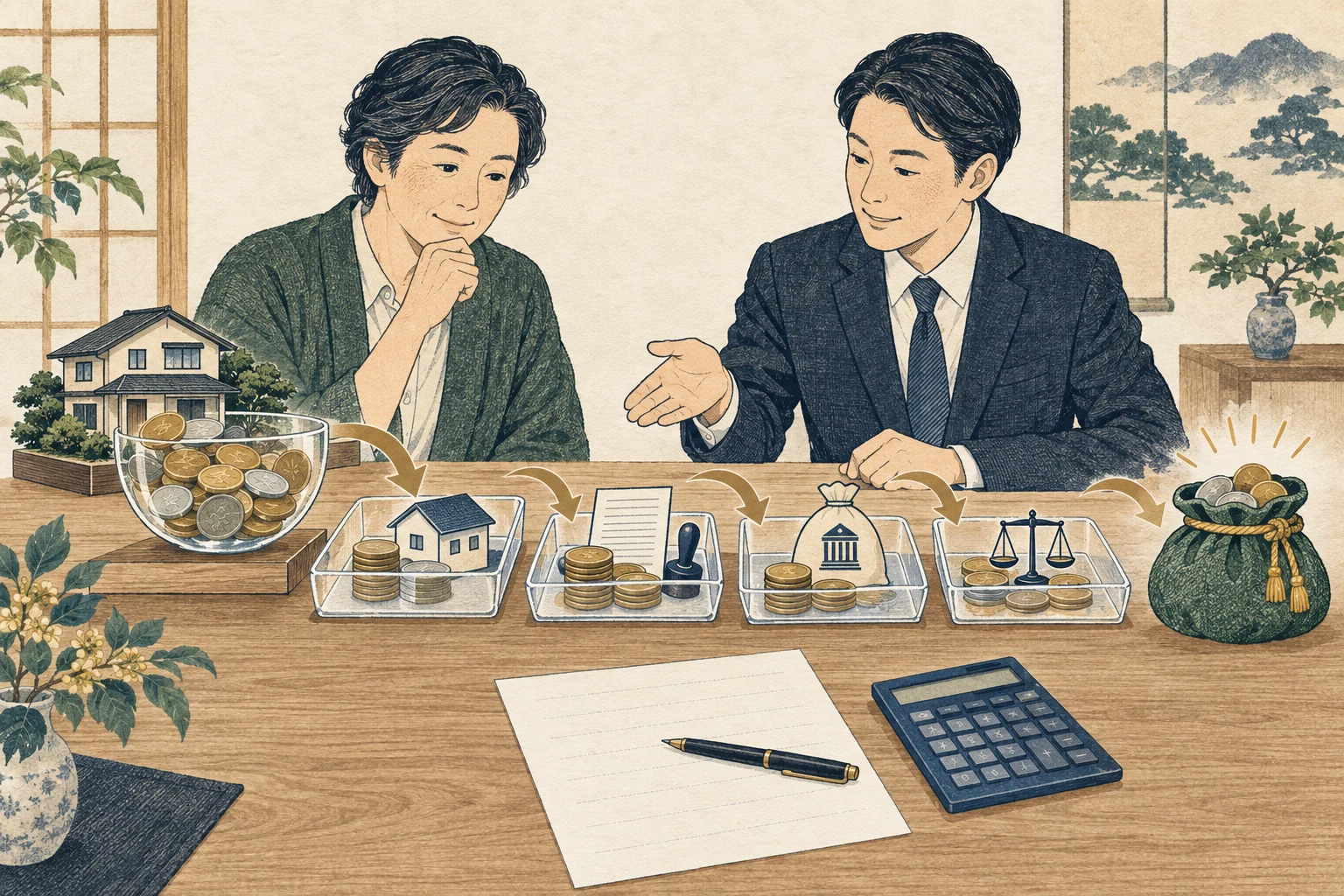 家の売却代金から取引費用、決済日の入出金、税確認後の手取りを分けて考えるイラスト