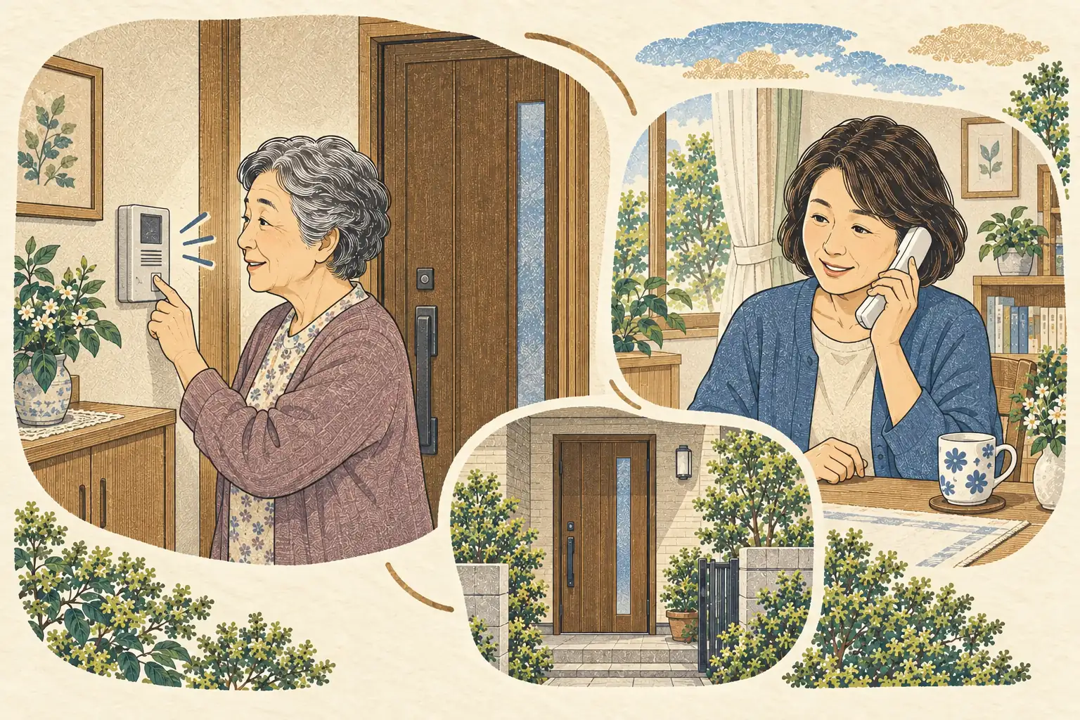閉じた実家の玄関でインターホンに応対する母と、別の部屋で電話する娘