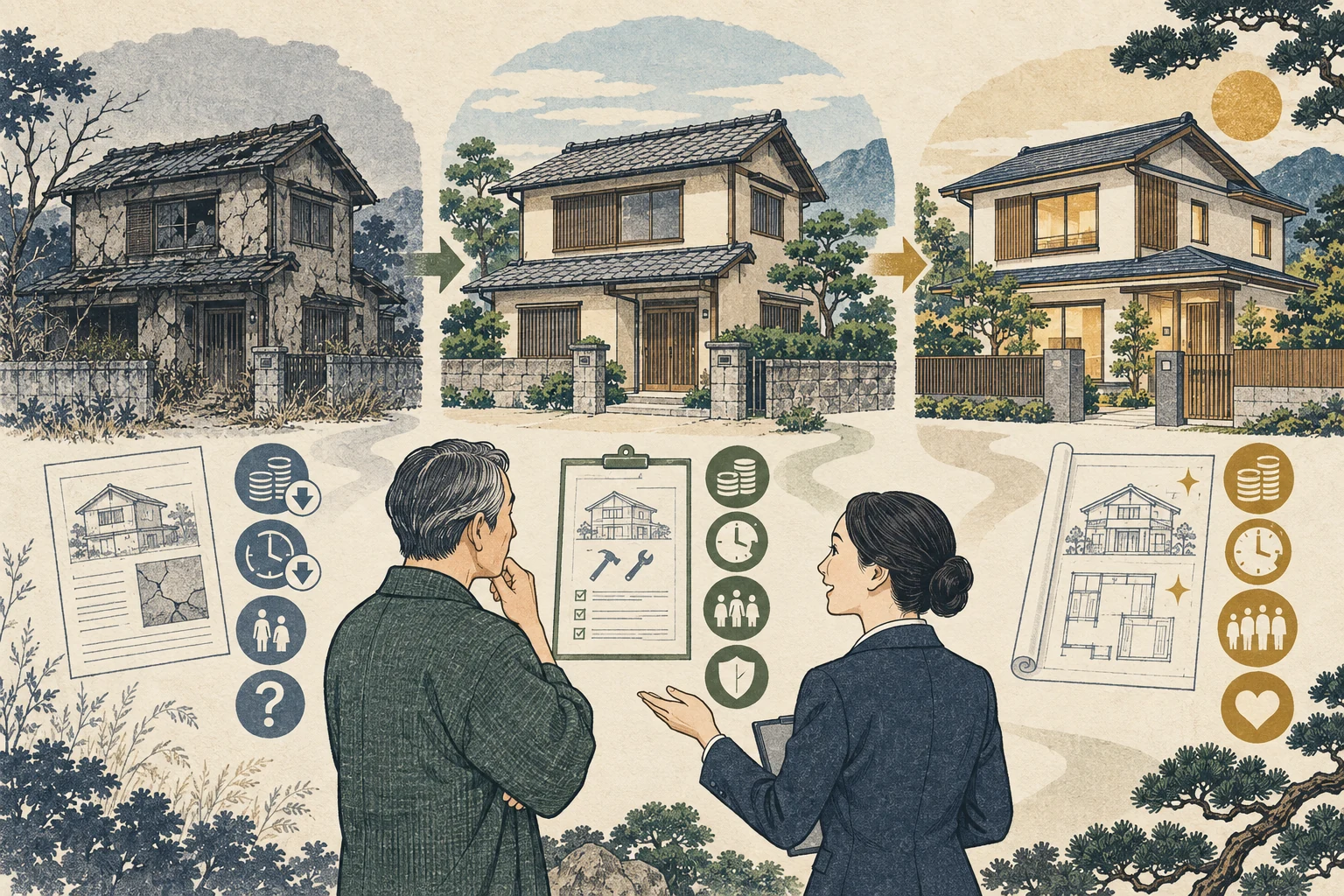 所有者が古い家を現況・最低限修繕・リフォーム後の三案で比較する様子