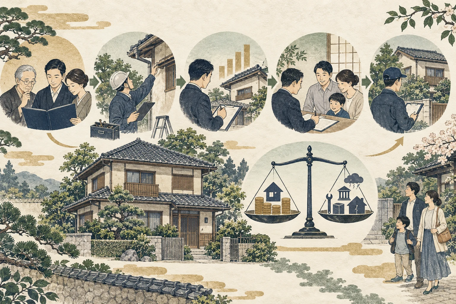 相続人が実家を賃貸に出す収支と管理負担を売却案と比べる様子