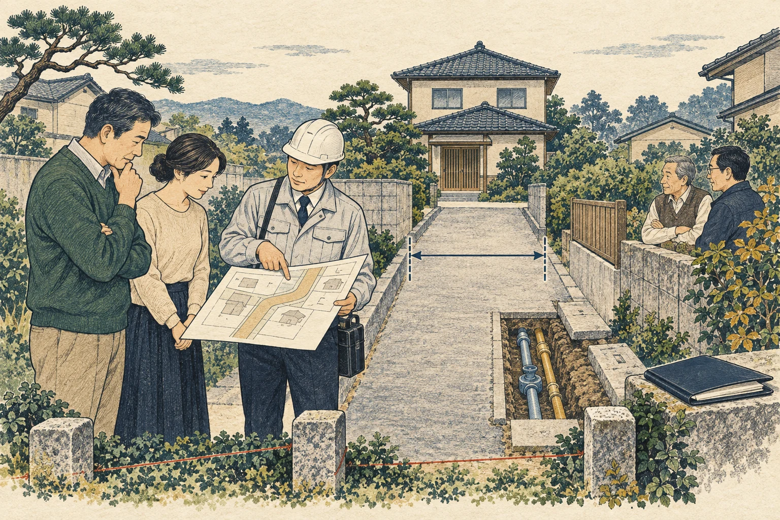 所有者が私道に面する家の持分・通行・掘削・接道を確認する様子