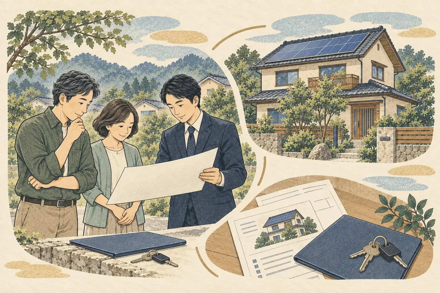 太陽光発電付きの家の前で、売却の資料と鍵を確認する所有者と不動産会社の担当者