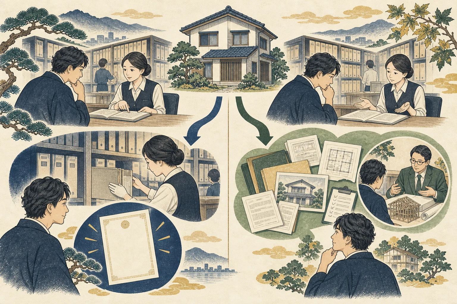検査済証が見つからない家で行政記録と現況図面を確認する所有者
