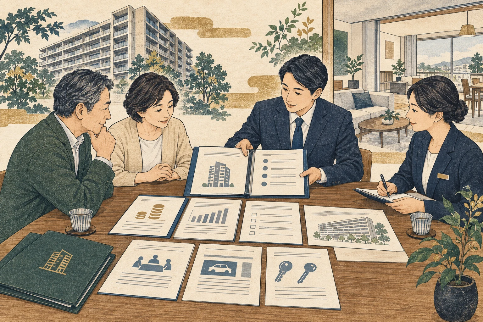 相続人がマンション売却前に登記・管理費・修繕計画・室内状態を確認する様子
