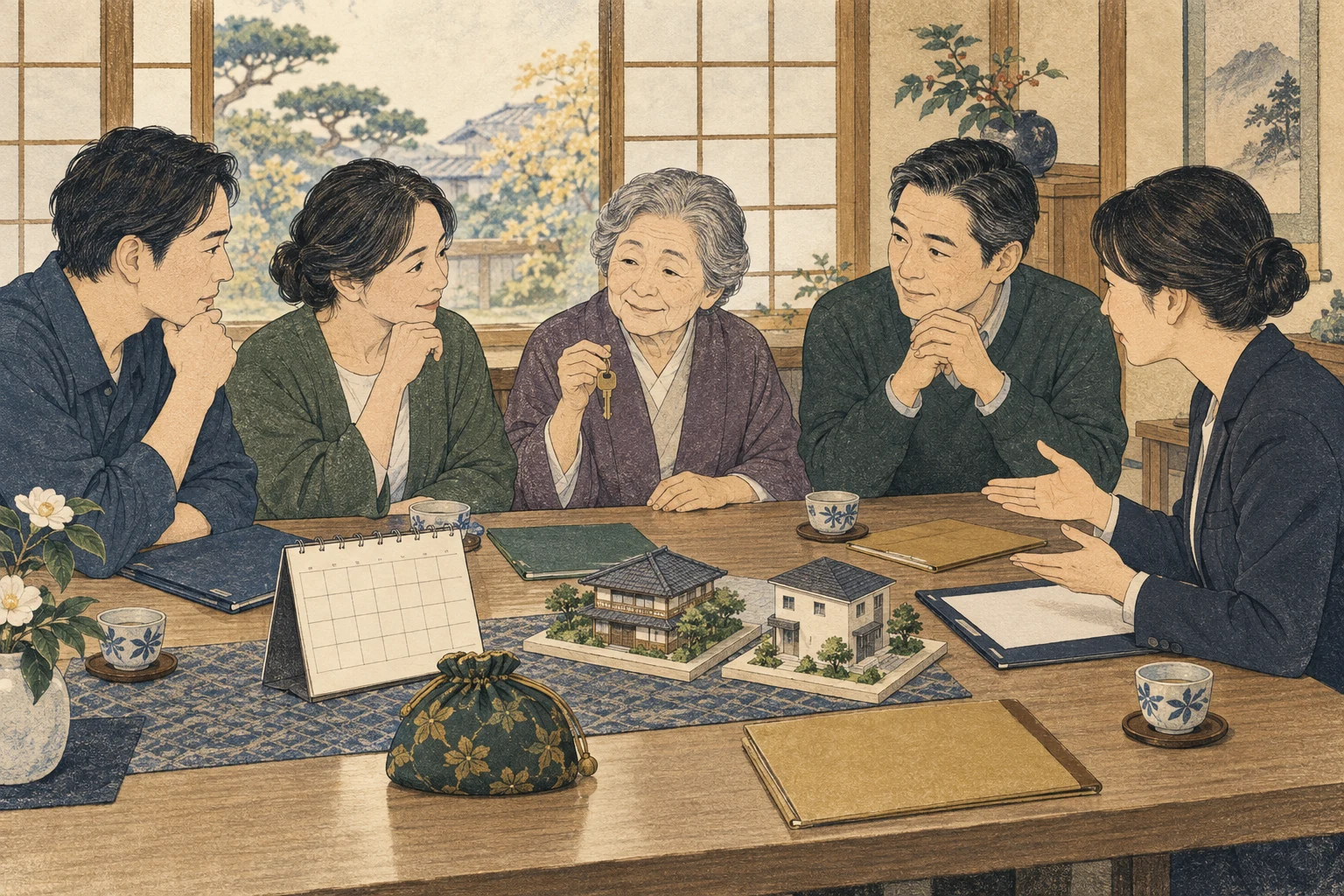 相続した家に住む親族と居住継続・退去・売却方法を話し合う様子