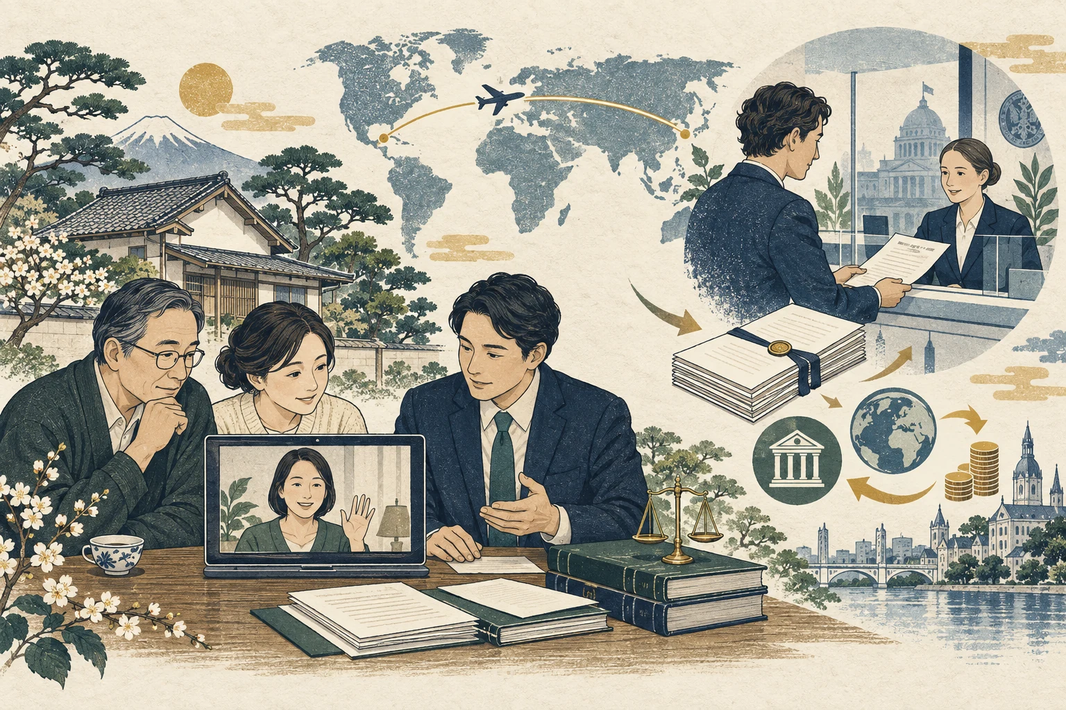 海外在住の相続人と署名証明・相続登記・売却決済を確認する様子