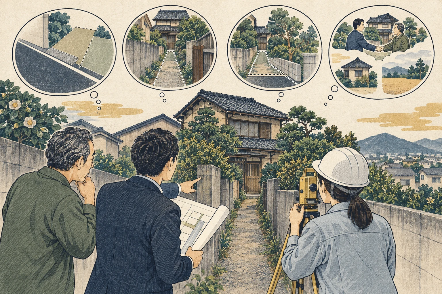 再建築可否を確認するため家の接道・道路種別・行政資料を照合する様子
