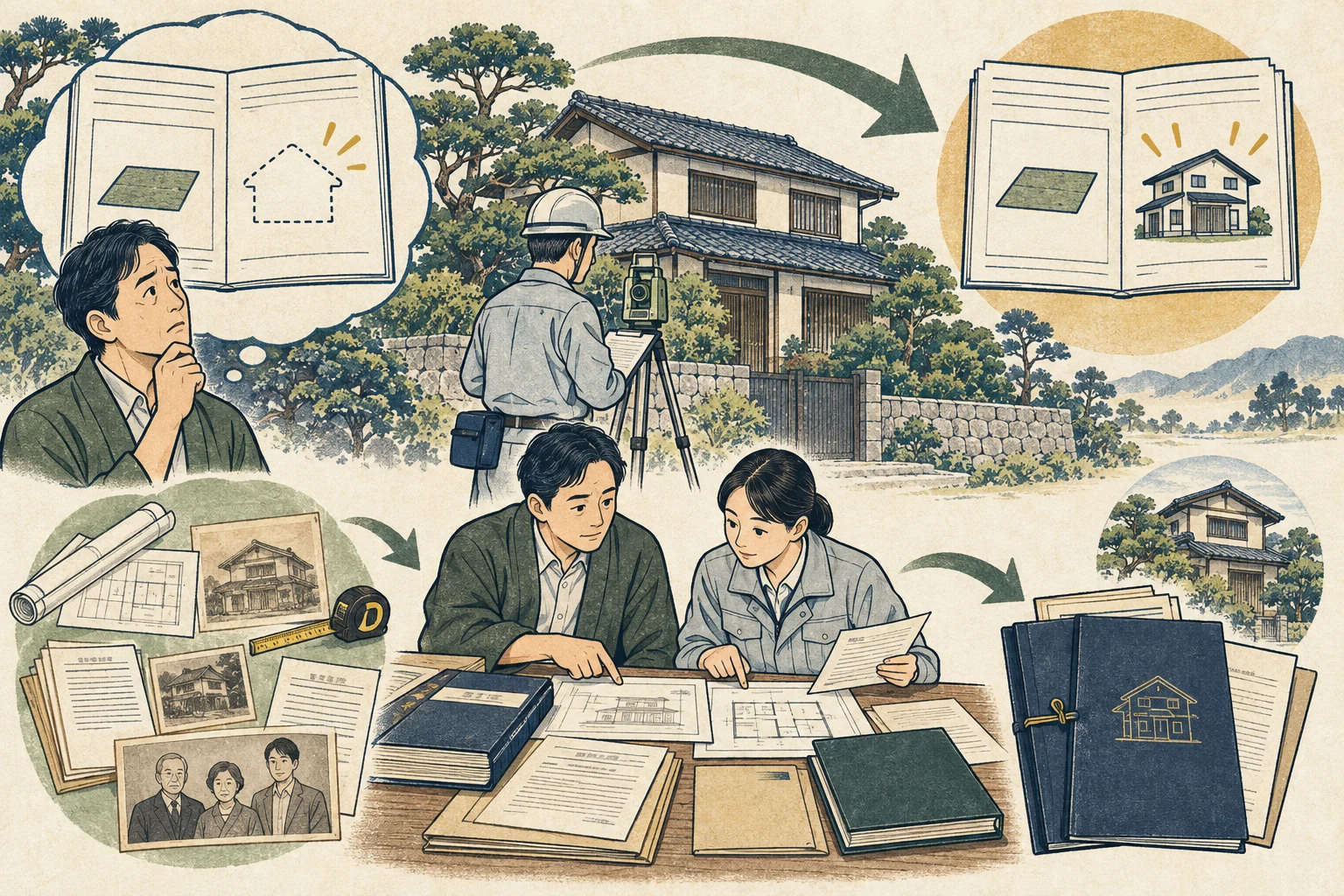 未登記の相続建物について現況・課税資料・登記手続を確認する様子