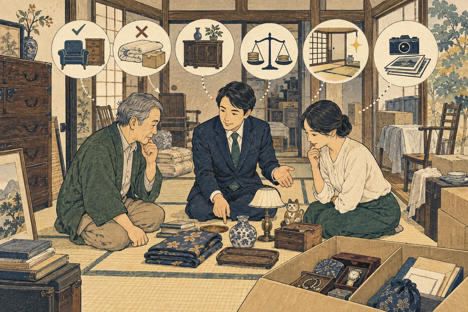 家財が残る空き家で重要物を保全し現況査定と片付け見積りを比べる様子